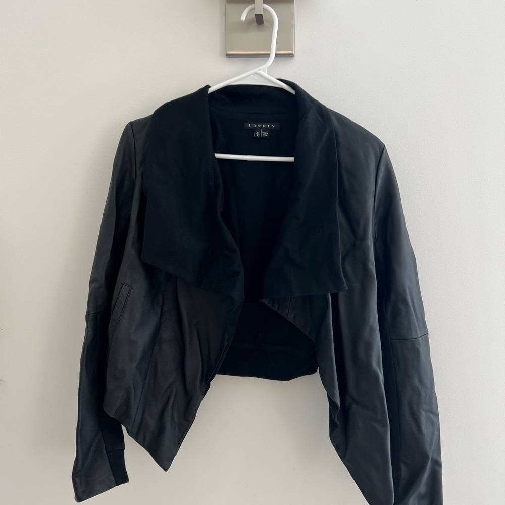 Theory Black Leather Jacket Asymmetrical Design